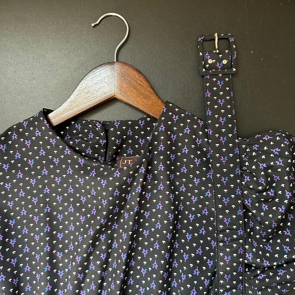 Vintage 80's JT Dress Vintage Midi Dress Womens Black Purple Micro Print Belted - Picture 5 of 8